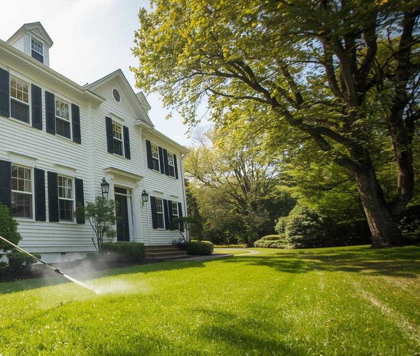 Exterior pest control spraying at a nice house in the Hamptons, Long Island